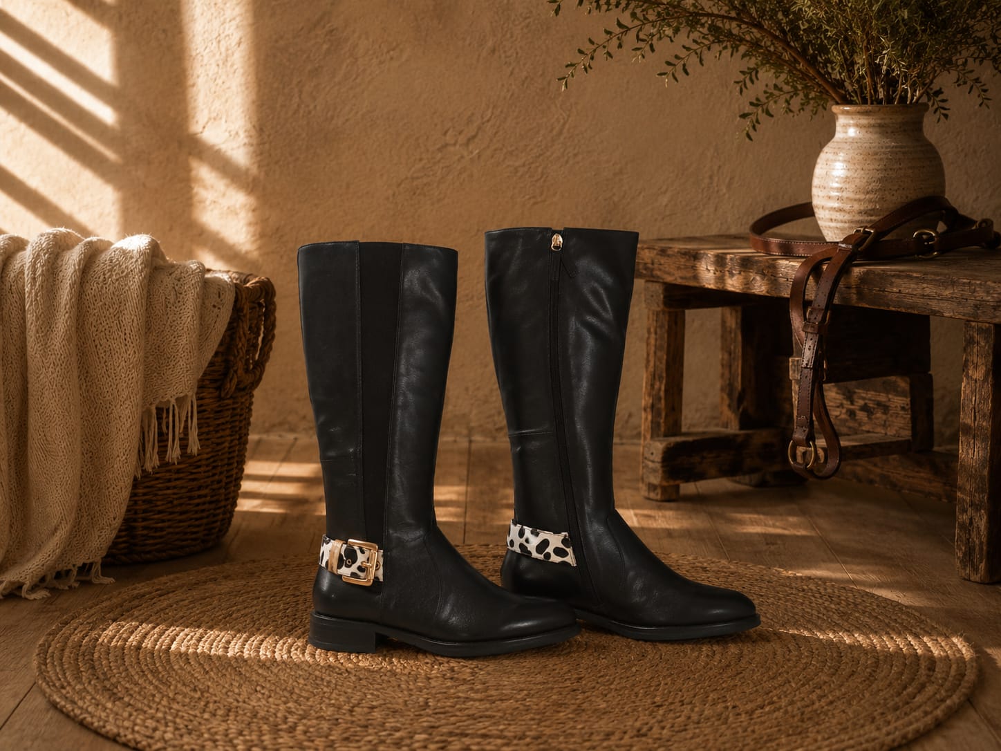 Bota Feminina Cano Alto Sophie Preta com Fivela Animal Print